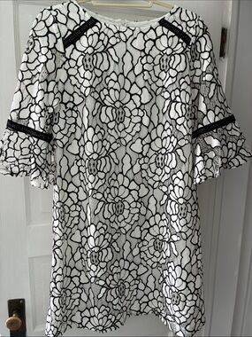 Beautiful White Dress with Black and White Floral Lace Overlay